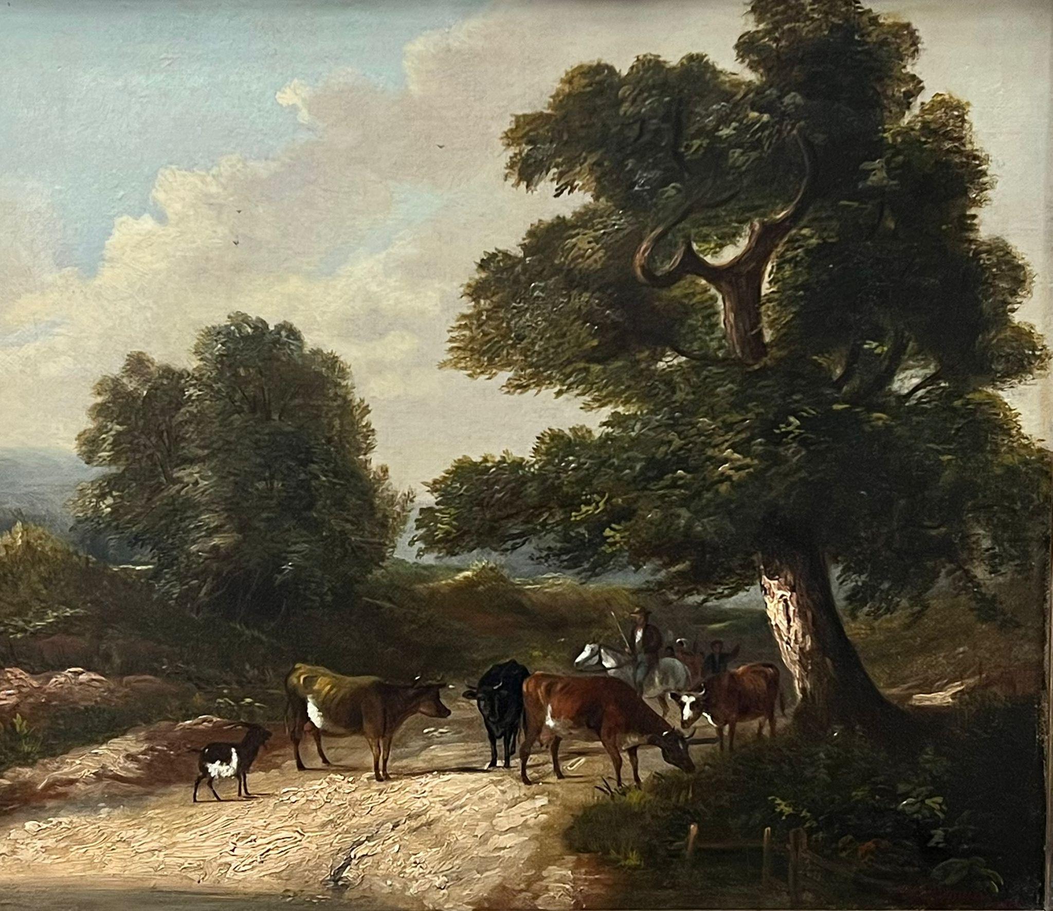 Victorian English Landscape Painting - Charming Victorian Signed Oil, Farmer Leading Cattle Rural Lane on Market Day