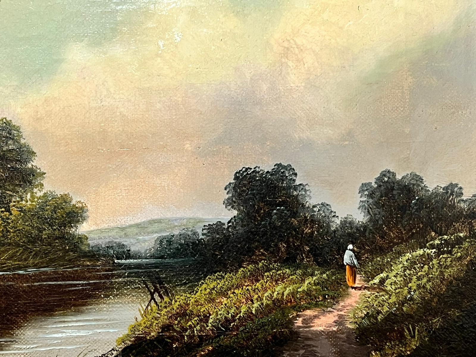 Figure Walking Riverside Pathway in English Landscape, Victorian Oil Painting  For Sale 3