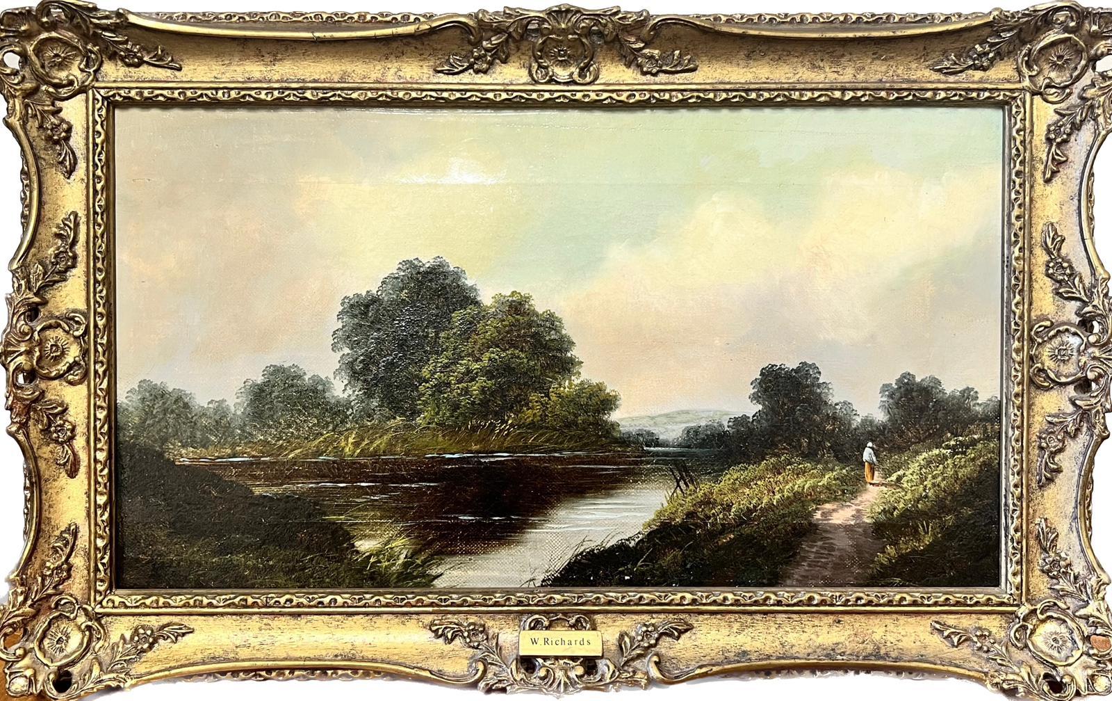 Victorian English Landscape Painting - Figure Walking Riverside Pathway in English Landscape, Victorian Oil Painting 