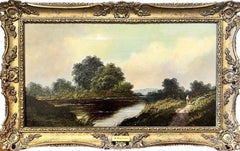 Figure Walking Riverside Pathway in English Landscape, Victorian Oil Painting 