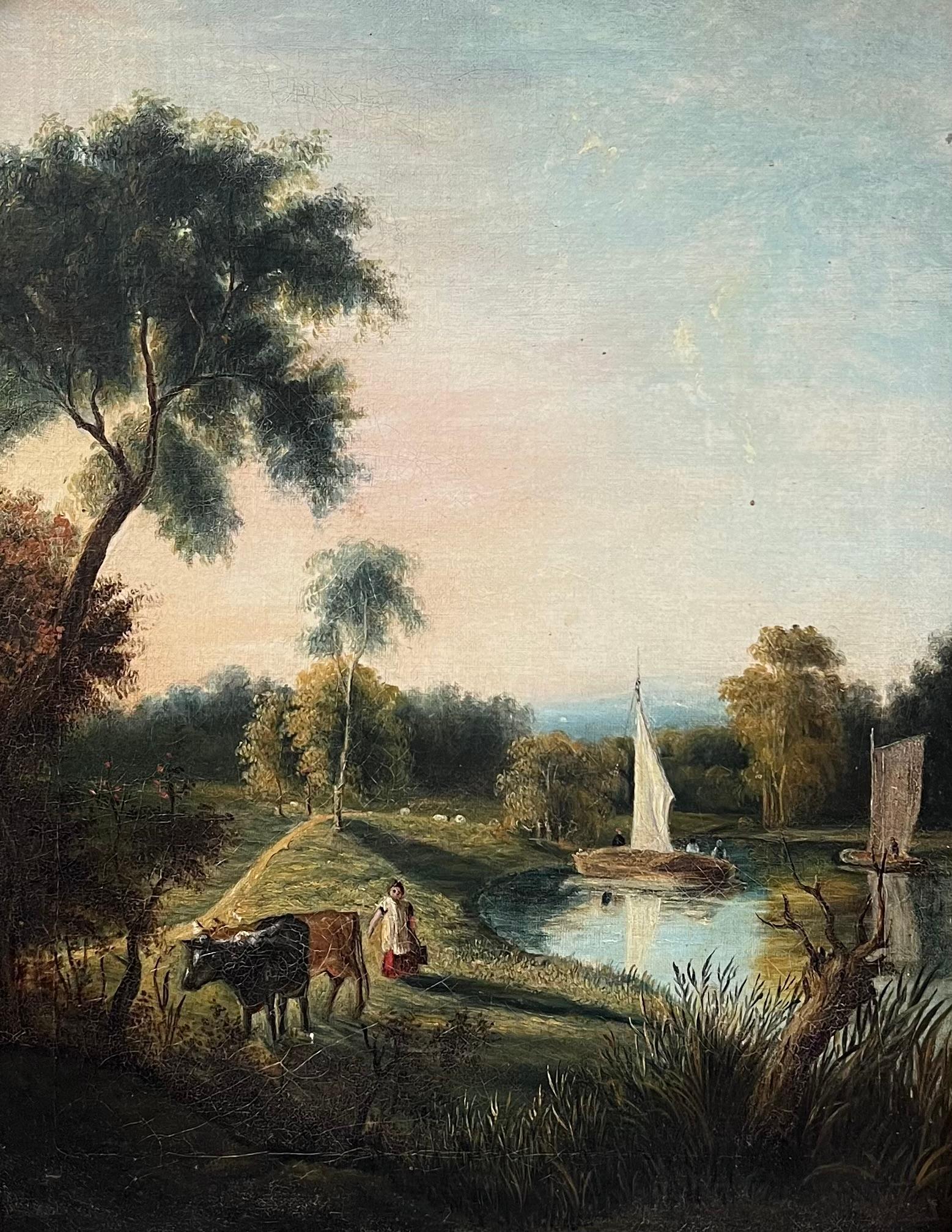 Fino Óleo Rural Inglés Victoriano Barco en el Río Granjero y Ganado - Painting de Victorian English