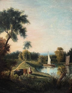 Fine Victorian English Rural Oil Painting Boat on River Farmer and Cattle