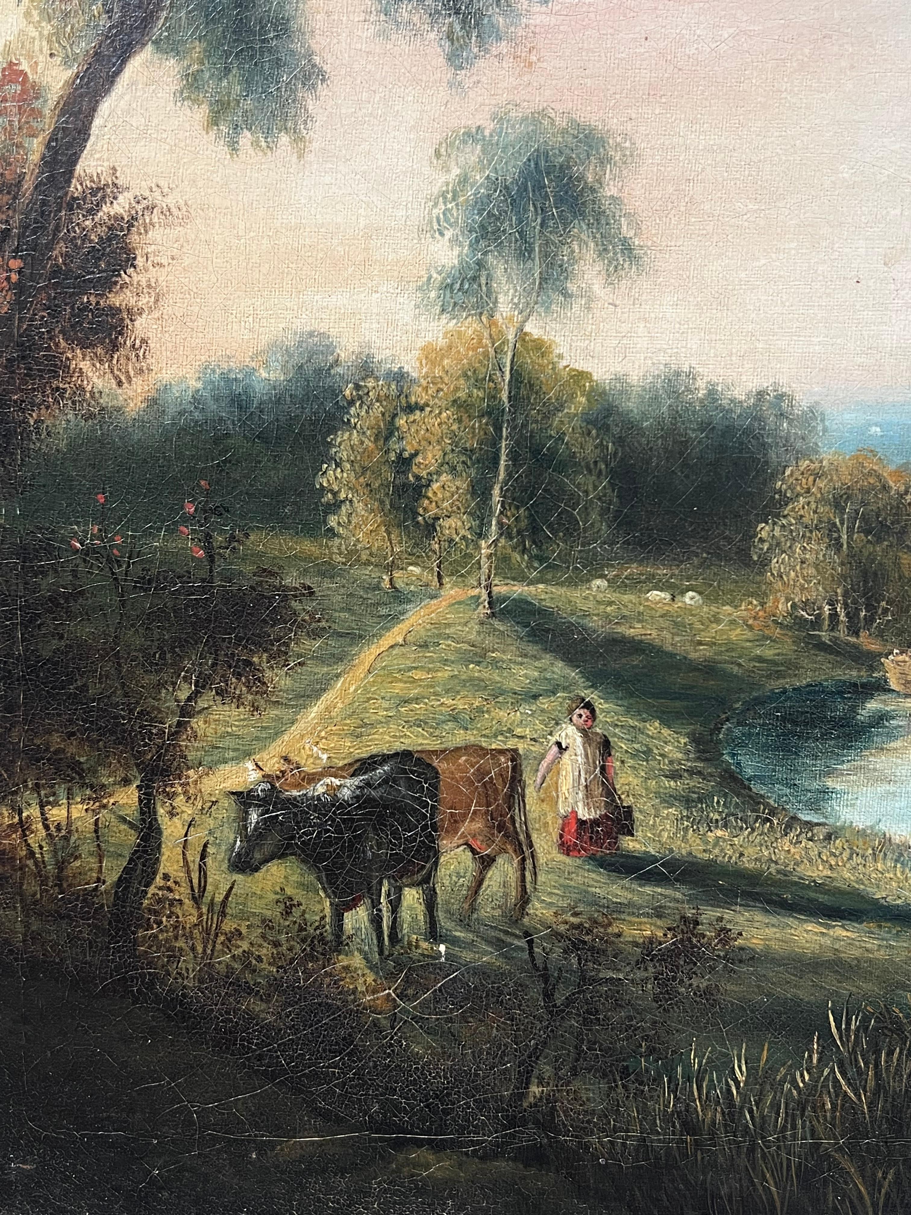 Fino Óleo Rural Inglés Victoriano Barco en el Río Granjero y Ganado - Figurative Painting Marrón de Victorian English