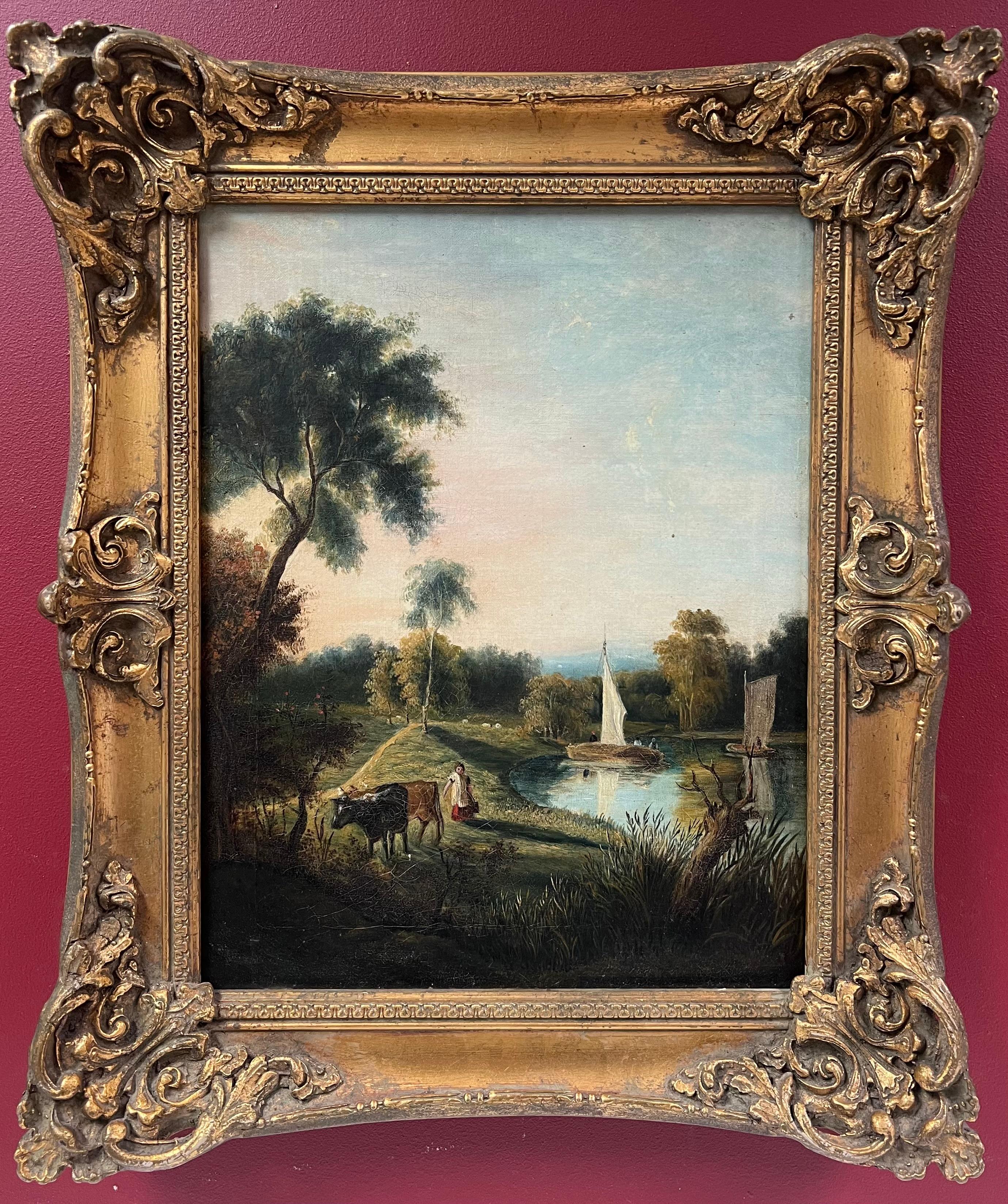 Figurative Painting de Victorian English - Fino Óleo Rural Inglés Victoriano Barco en el Río Granjero y Ganado