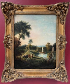 Fine Victorian English Rural Oil Painting Boat on River Farmer and Cattle