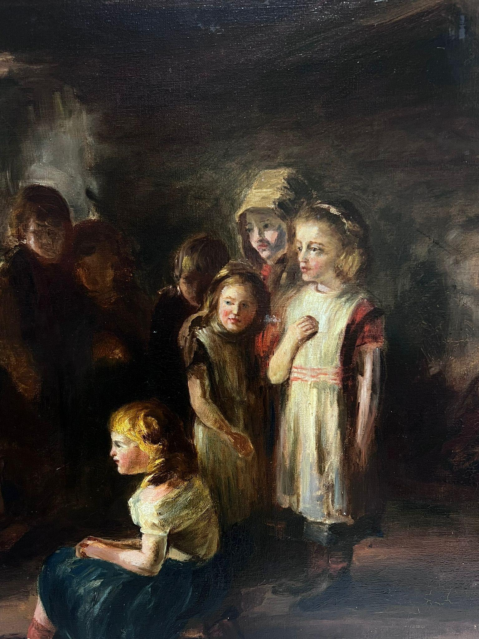 Großes viktorianisches englisches Ölgemälde, Cottage Interior mit vielen Kindern, viktorianisches Ölgemälde – Painting von Victorian English