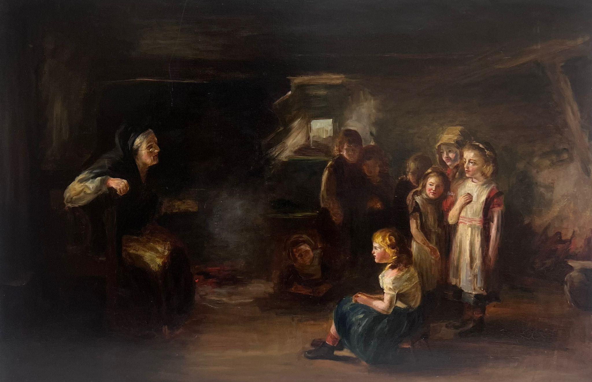 Grande peinture à l'huile anglaise victorienne représentant un cottage avec de nombreux enfants