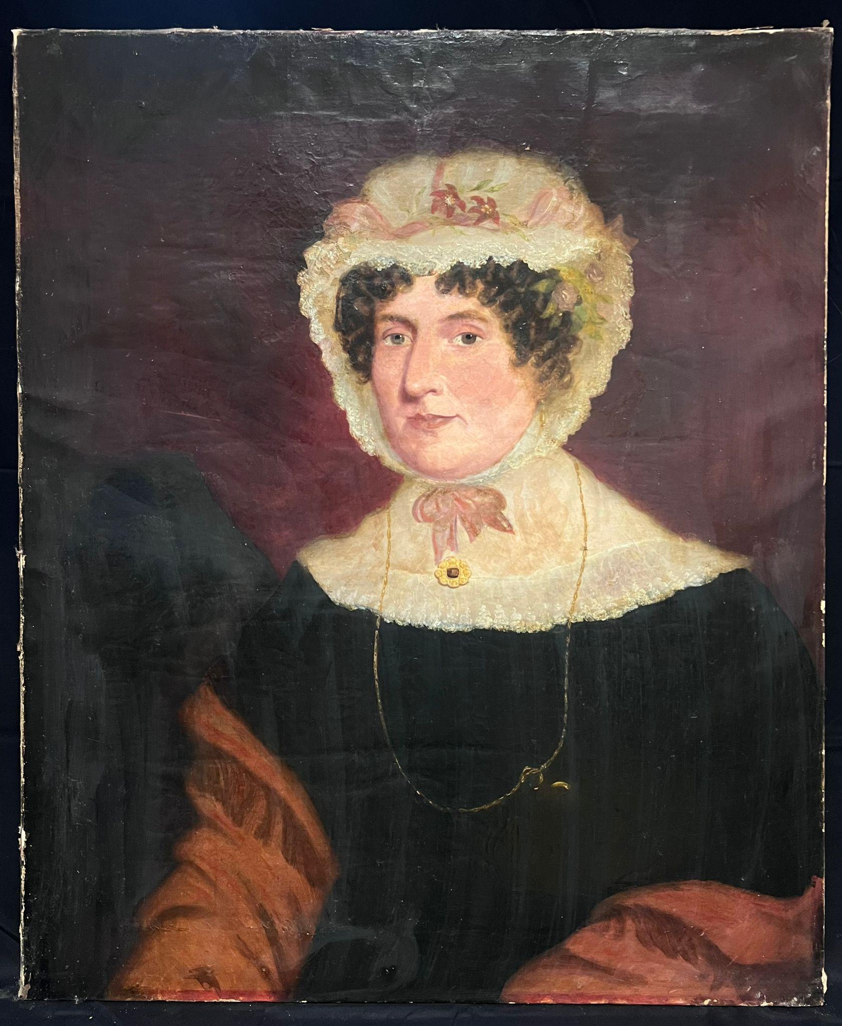 Mid 19th Century English Oil Painting Portrait of a Lady in Lace Bonnet - Black Portrait Painting by Victorian English