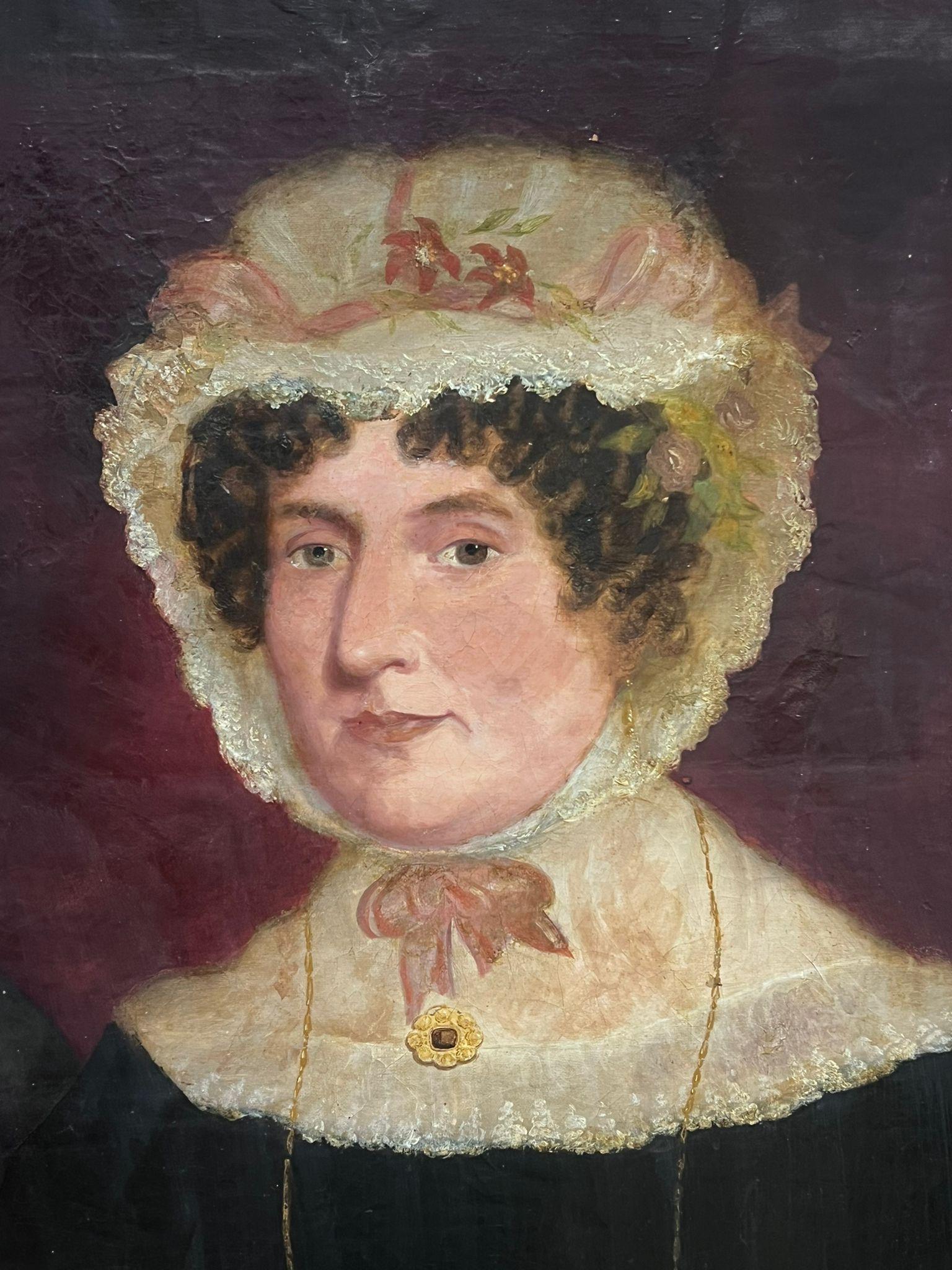 Mid 19th Century English Oil Painting Portrait of a Lady in Lace Bonnet For Sale 1