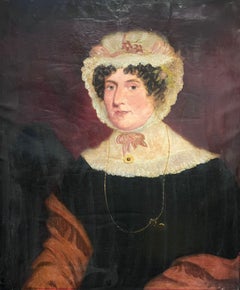 Mid 19th Century English Oil Painting Portrait of a Lady in Lace Bonnet