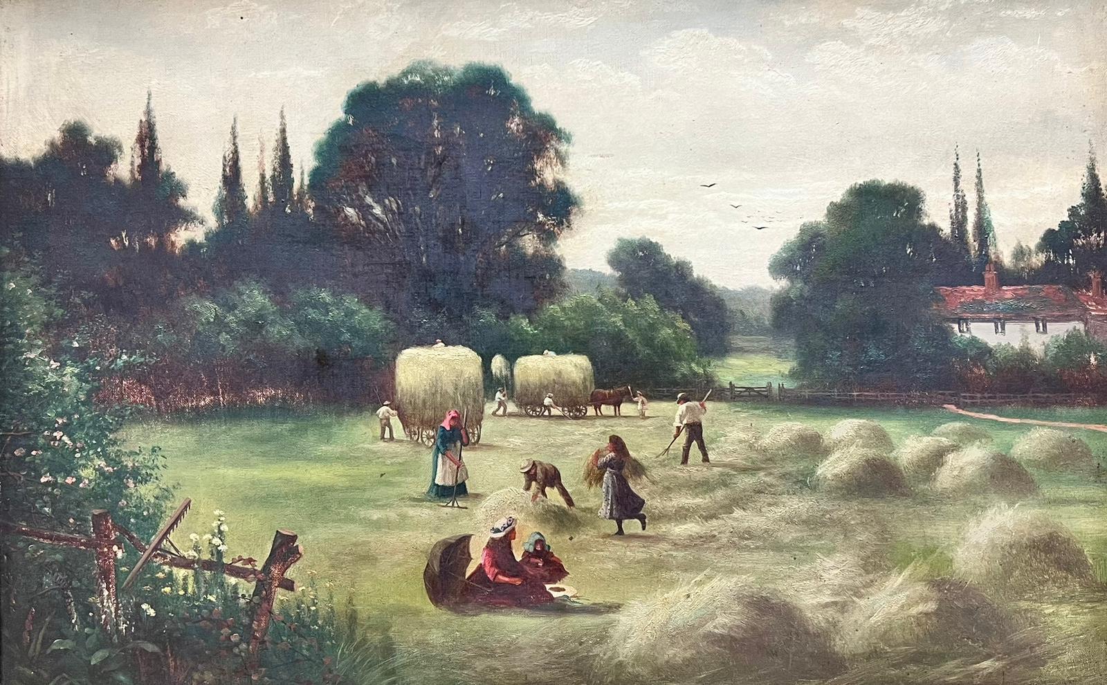 Rural Harvest Scene Gathering Hay Farming Landscape 19th Century English Oil - Painting by Victorian English