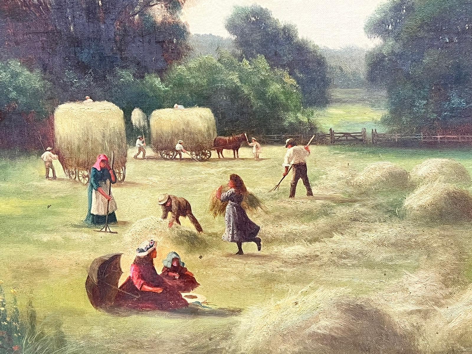 Rural Harvest Scene Gathering Hay Farming Landscape 19th Century English Oil - Victorian Painting by Victorian English