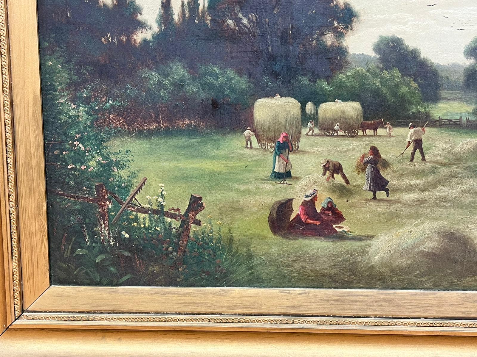 Rural Harvest Scene Gathering Hay Farming Landscape 19th Century English Oil For Sale 1