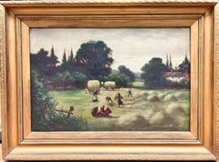 Rural Harvest Scene Gathering Hay Farming Landscape 19th Century English Oil
