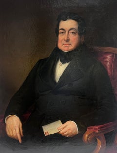Very Large Mid 19th Century Victorian Portrait English Gentleman Seated Leather