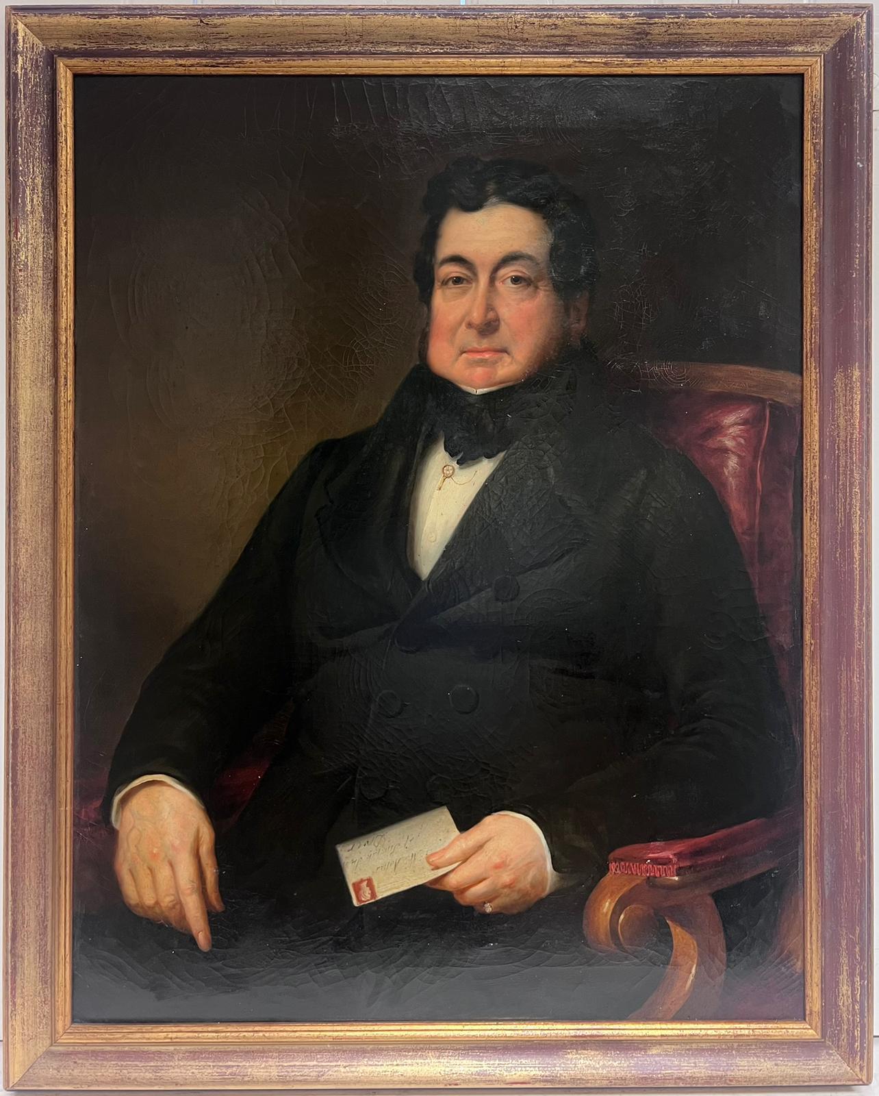 Victorian English Portrait Painting - Very Large Mid 19th Century Victorian Portrait English Gentleman Seated Leather