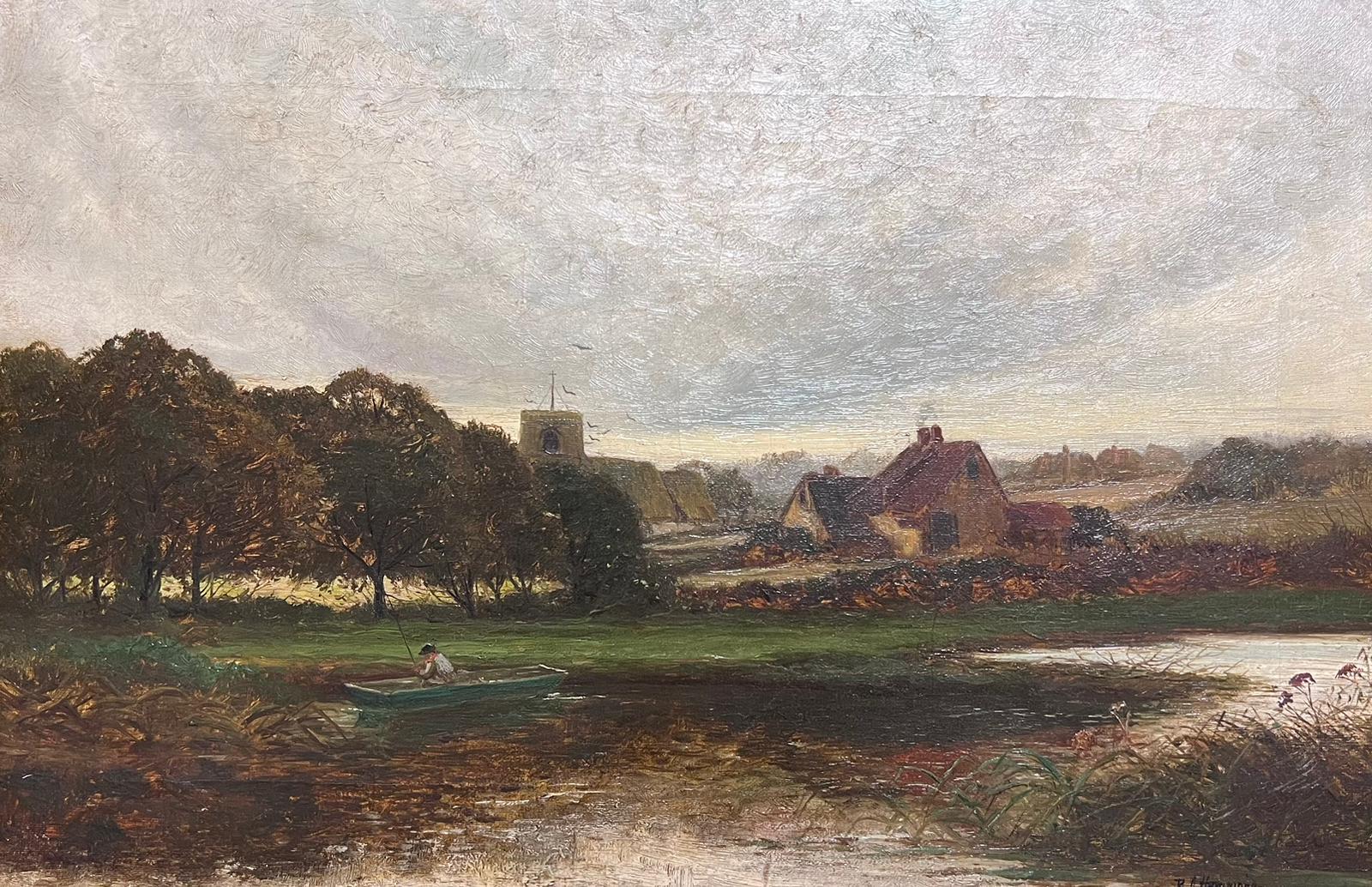 Victorian English Signed Oil Painting River Landscape Church and Boat 1