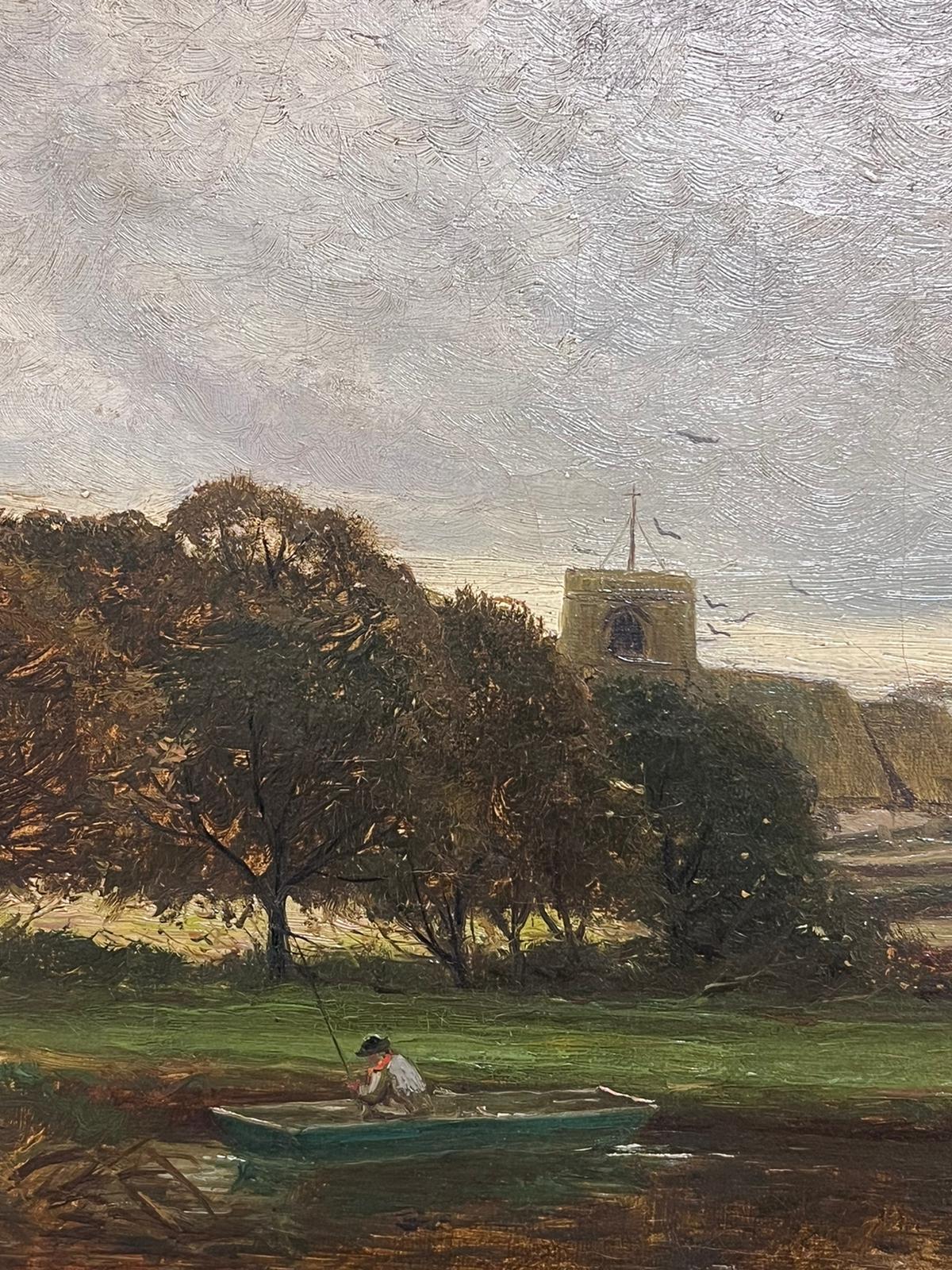 Victorian English Signed Oil Painting River Landscape Church and Boat 3