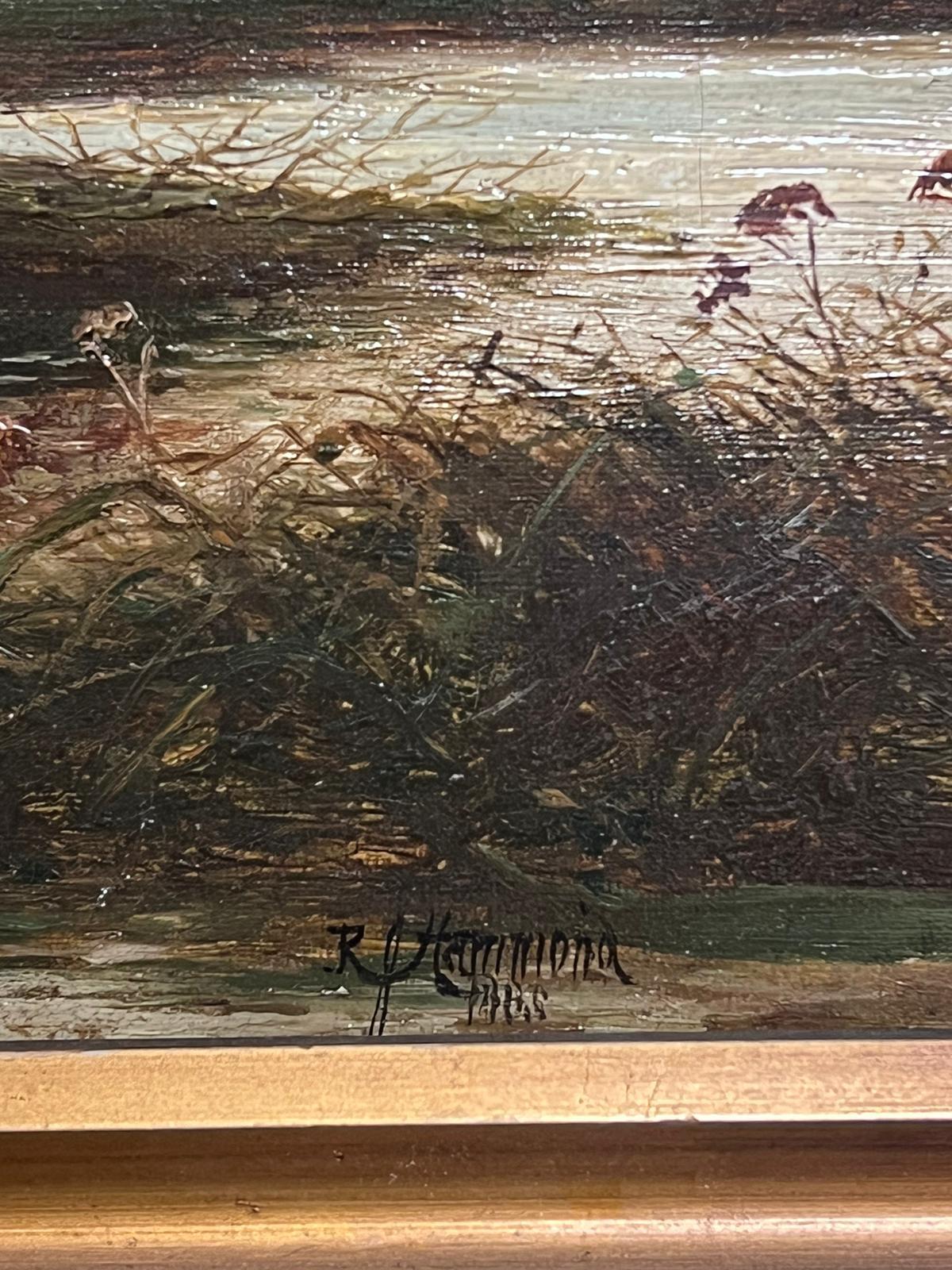 Victorian English Signed Oil Painting River Landscape Church and Boat 4