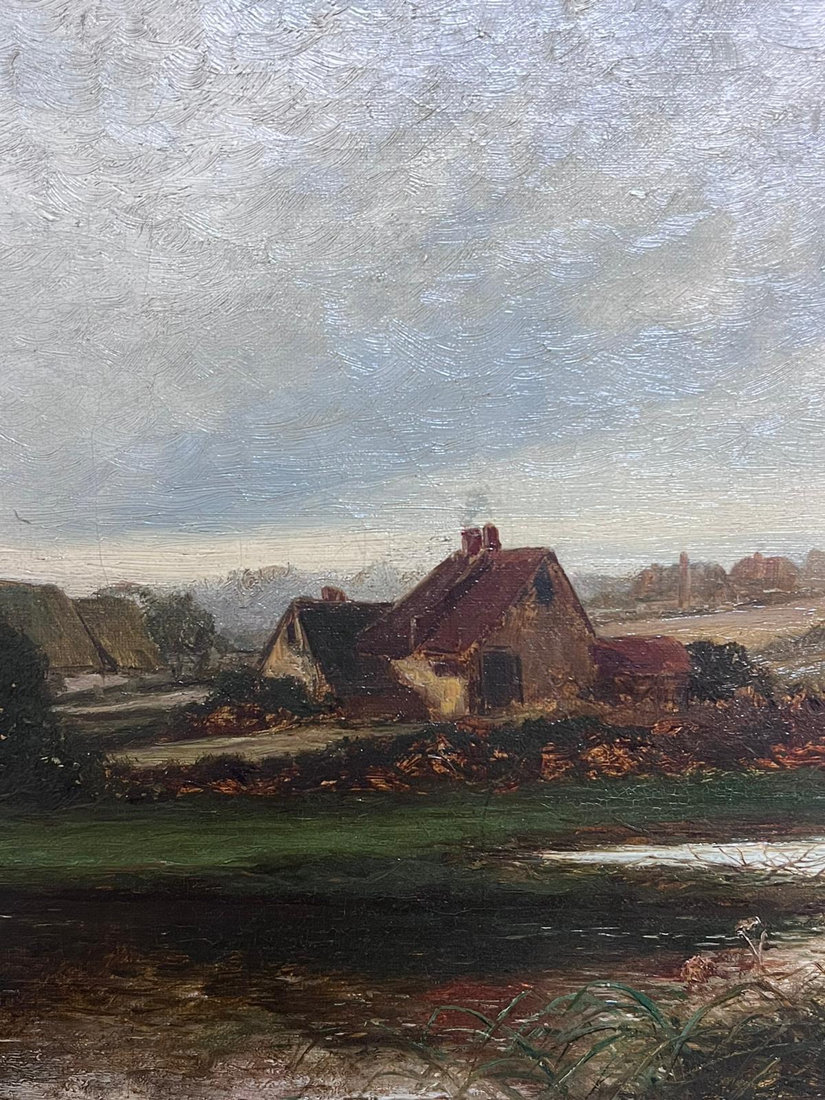 Victorian English Signed Oil Painting River Landscape Church and Boat 5