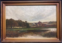 Victorian English Signed Oil Painting River Landscape Church and Boat