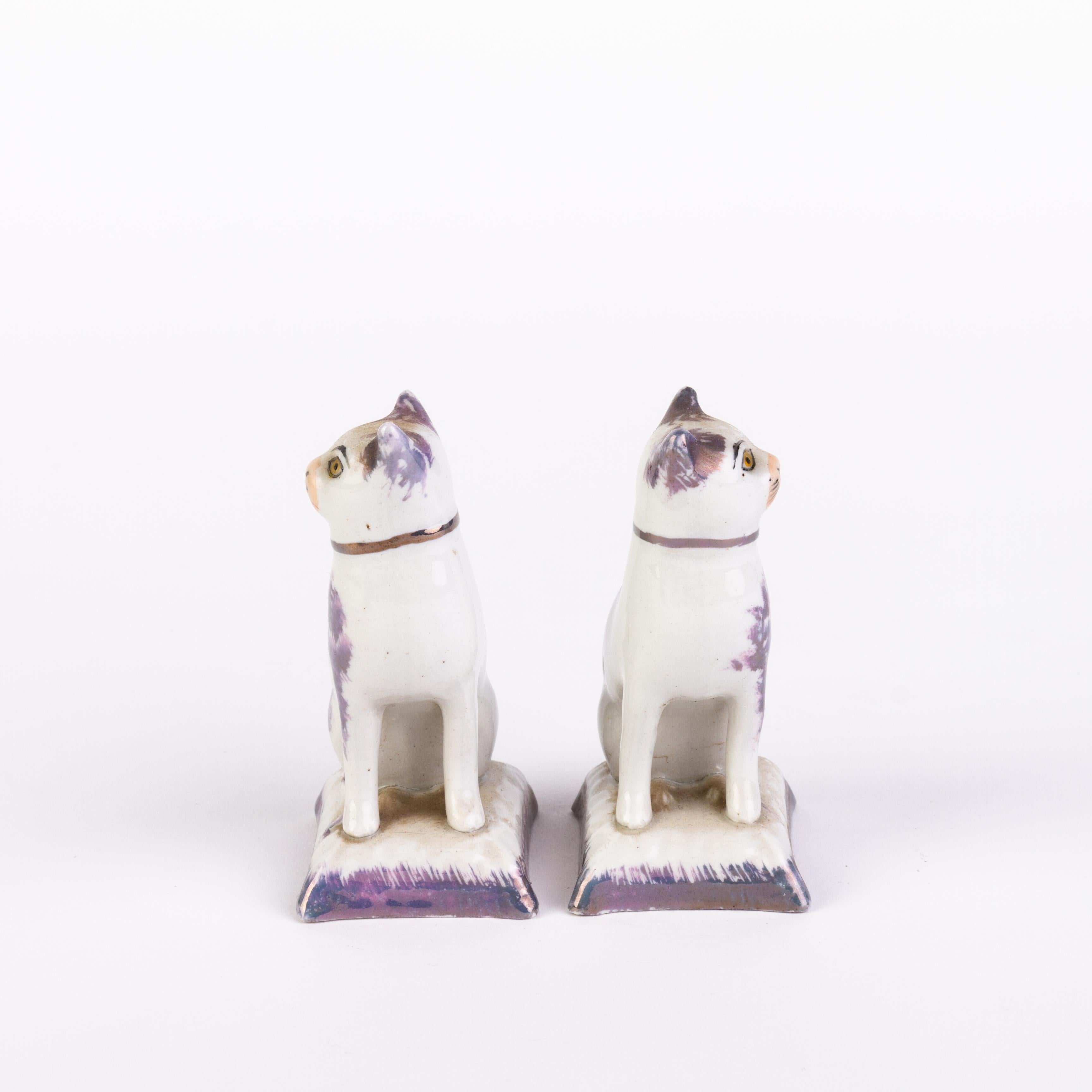 Polychromed Victorian English Pair of Polychrome Staffordshire Pottery Cats 19th Century