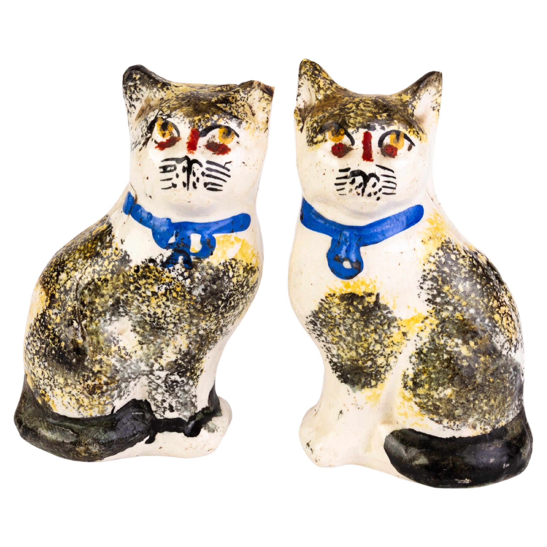 Victorian English Pair of Polychrome Staffordshire Pottery Cats 19th Century For Sale