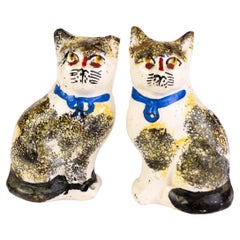 Victorian English Pair of Polychrome Staffordshire Pottery Cats 19th Century