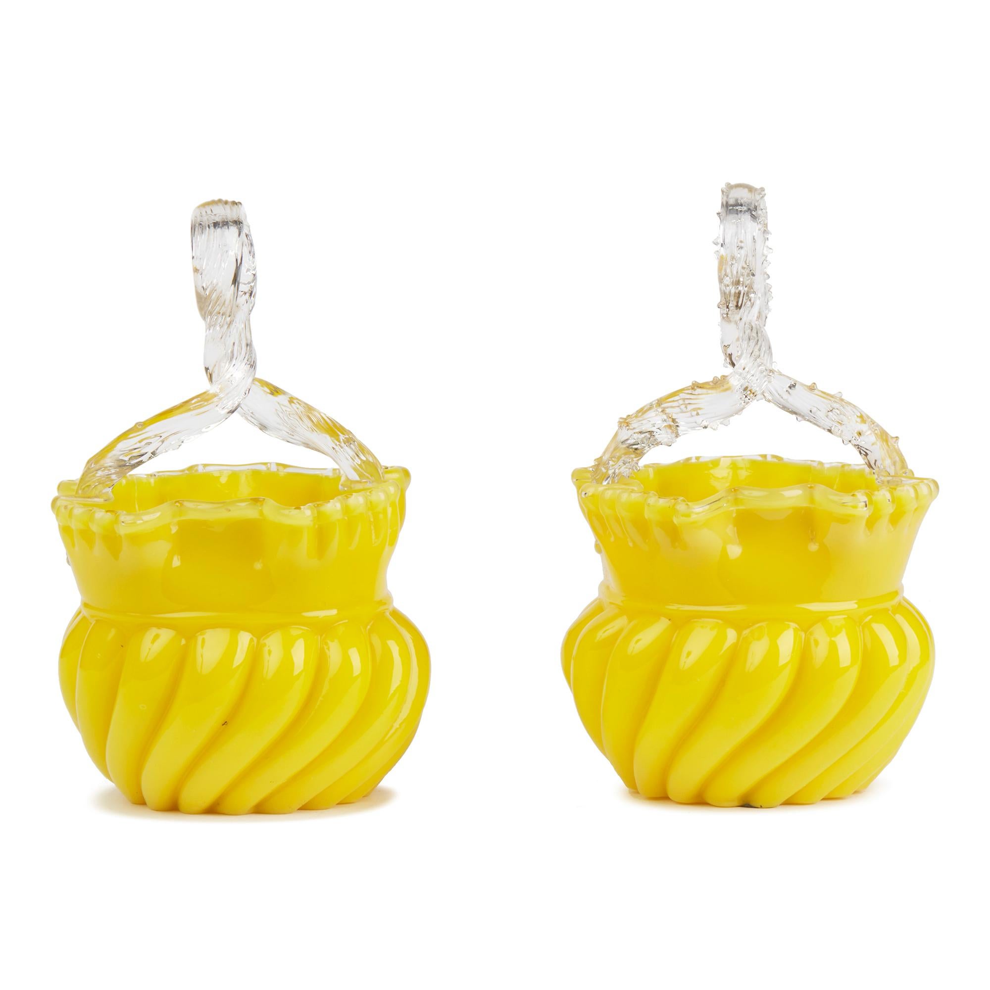 Hand-Crafted Victorian English Pair of Yellow Glass Handled Posy Baskets For Sale