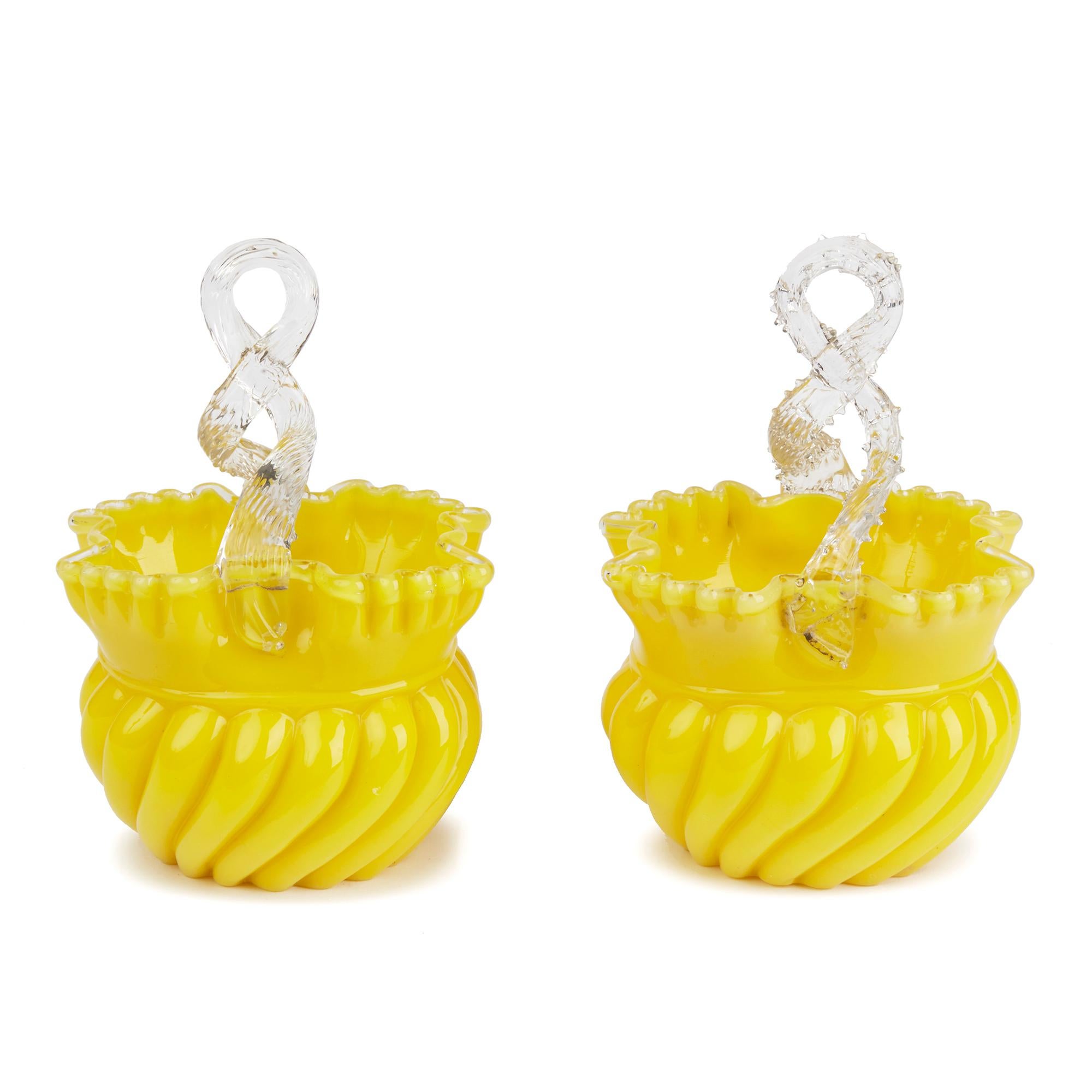 Late 19th Century Victorian English Pair of Yellow Glass Handled Posy Baskets For Sale