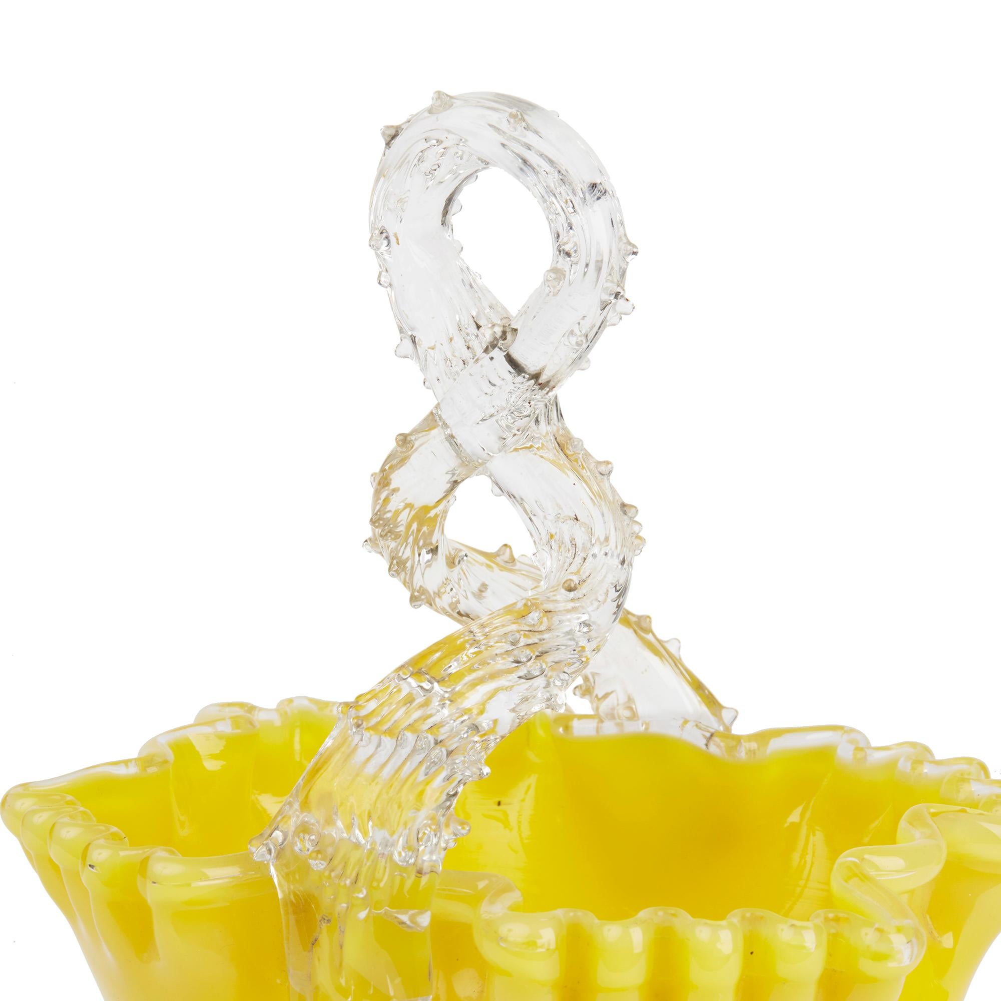 Blown Glass Victorian English Pair of Yellow Glass Handled Posy Baskets For Sale