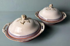 Victorian English Porcelain Tureens Pair Transferware Decoration And Gilt Accent