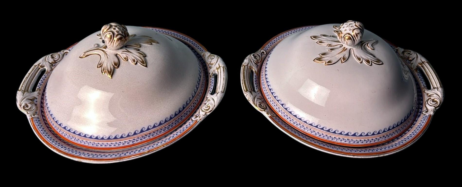 British Victorian English Porcelain Tureens Pair Transferware Decoration And Gilt Accent For Sale