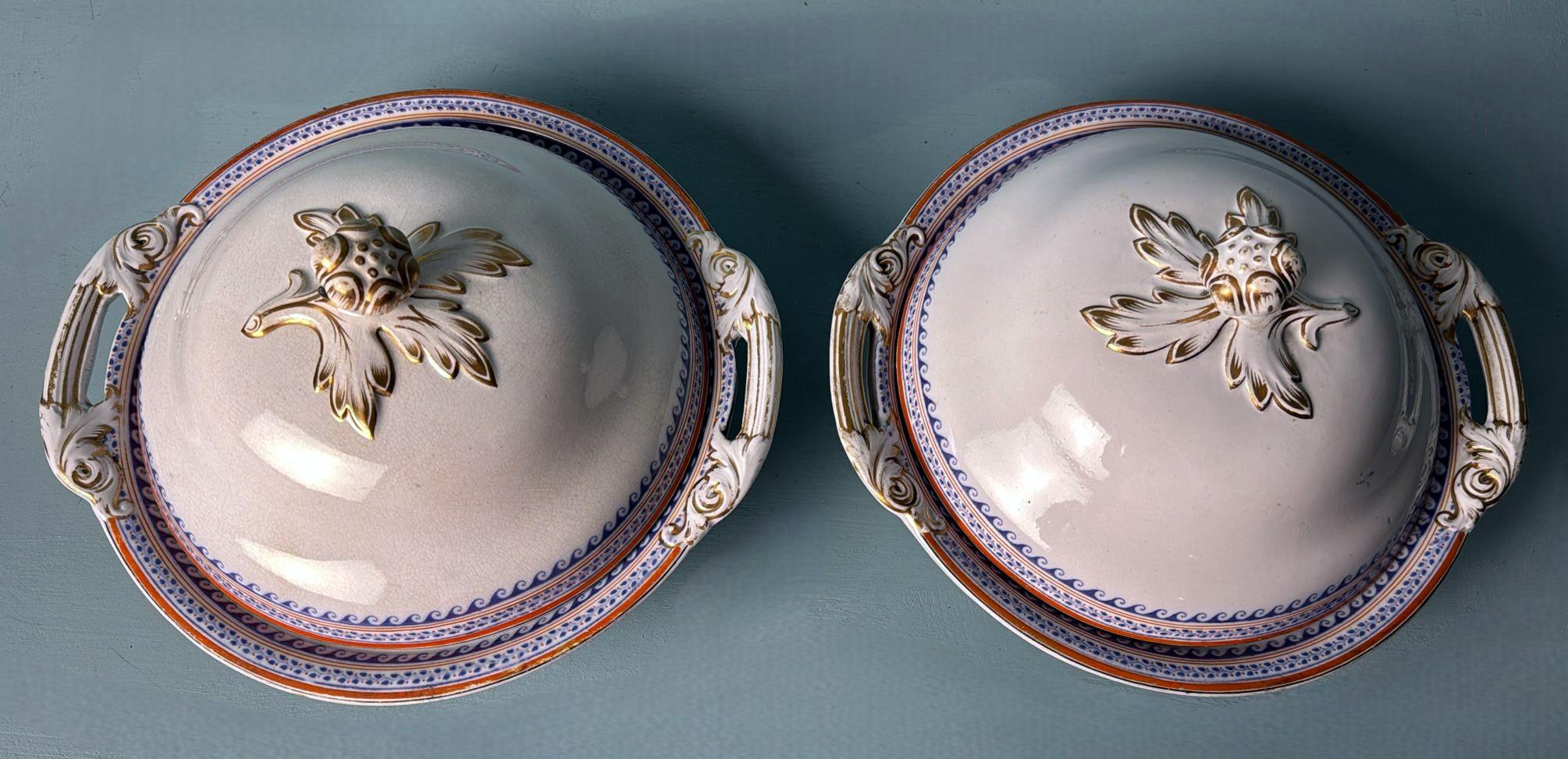 Hand-Painted Victorian English Porcelain Tureens Pair Transferware Decoration And Gilt Accent For Sale