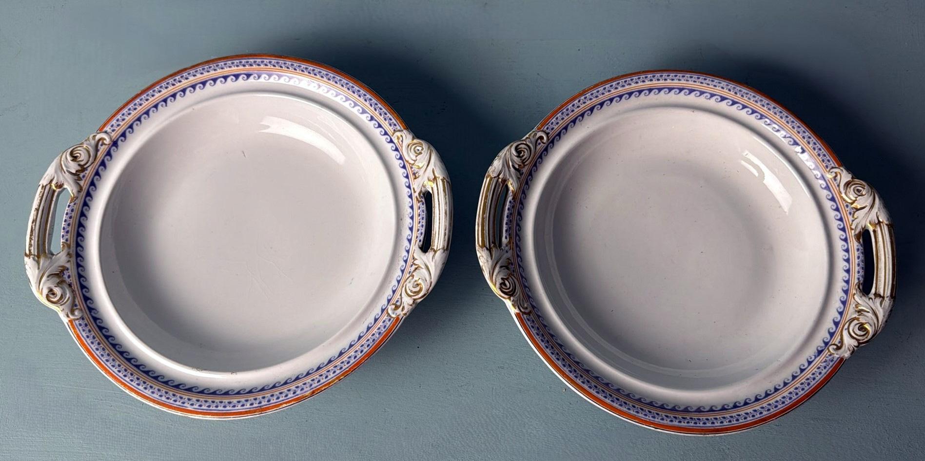 19th Century Victorian English Porcelain Tureens Pair Transferware Decoration And Gilt Accent For Sale