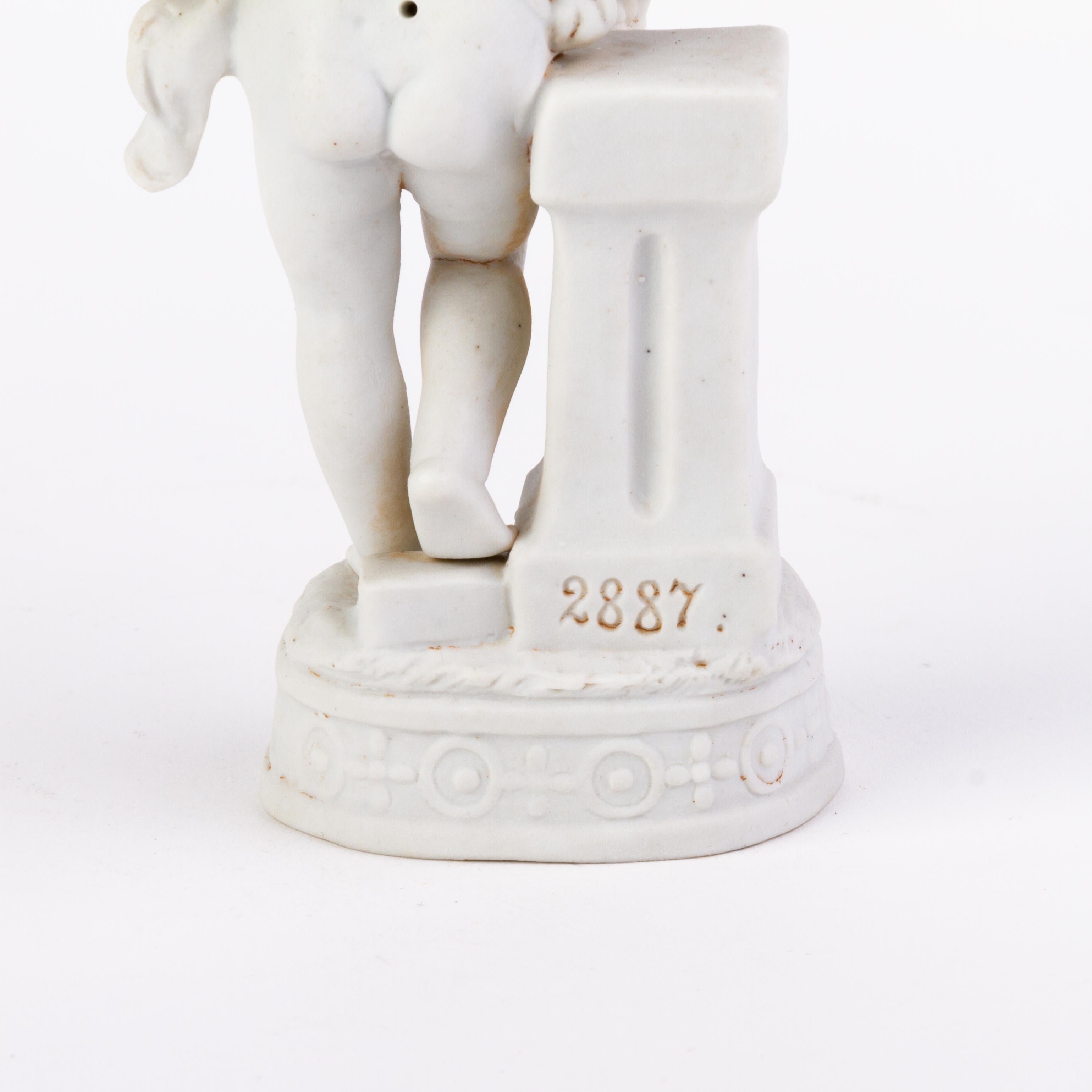 Porcelain Victorian English Romantic Bisque Statue Cherub Holding Cornucopia 19th Century