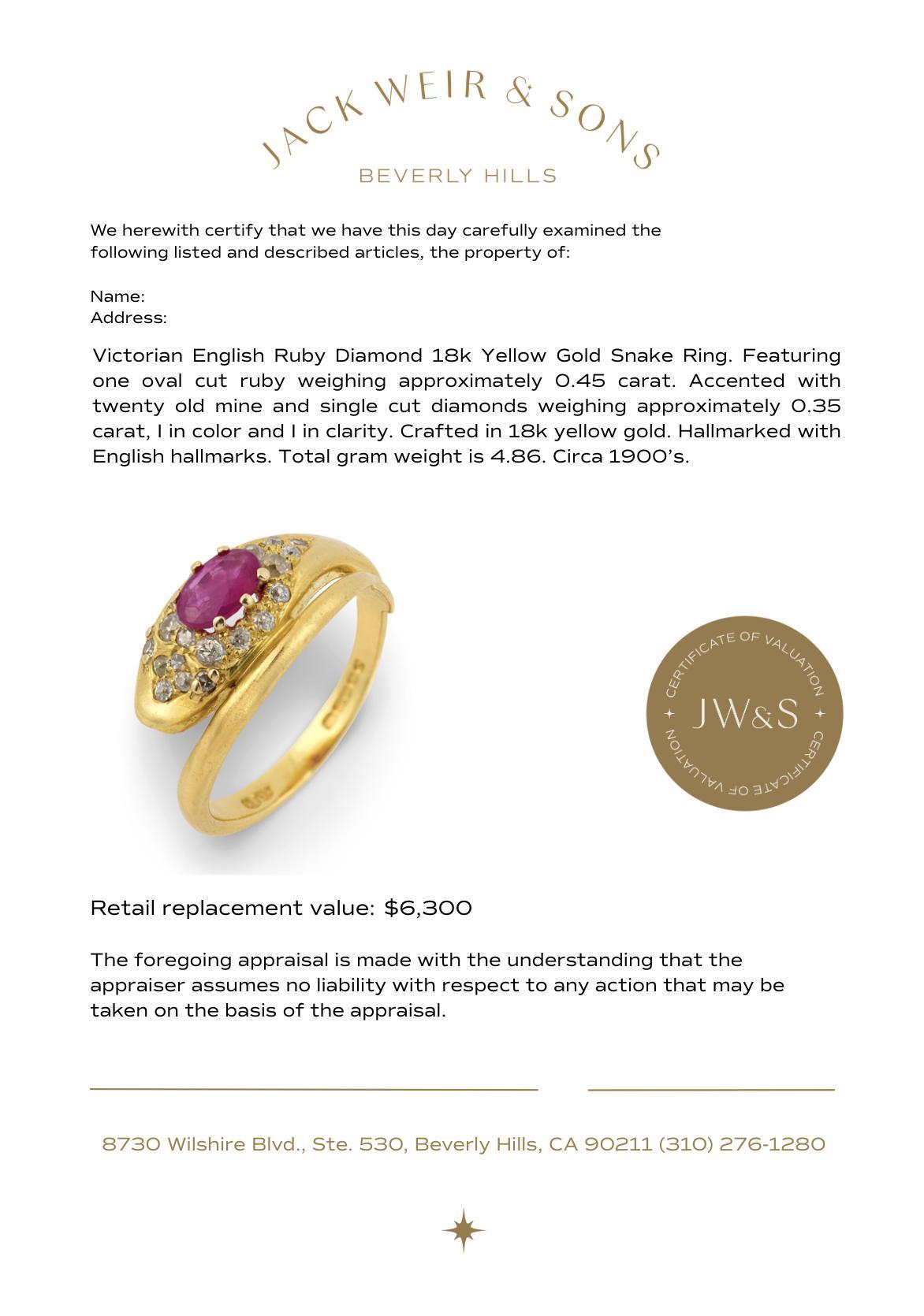 Viktorianischer englischer Rubin-Diamant 18k Gelbgold Schlangenring im Angebot 2