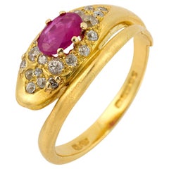 Victorian English ruby diamond 18k yellow gold snake ring