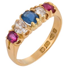 Victorian English sapphire ruby diamond 18k yellow gold five stone ring
