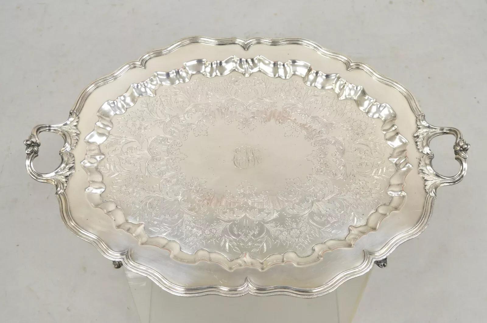 Antique Victorian English Sheffield Silver Plated Oval Scalloped Serving Platter Tray. Illegible monogram to center. Circa Late 20th Century. Measurements:  2