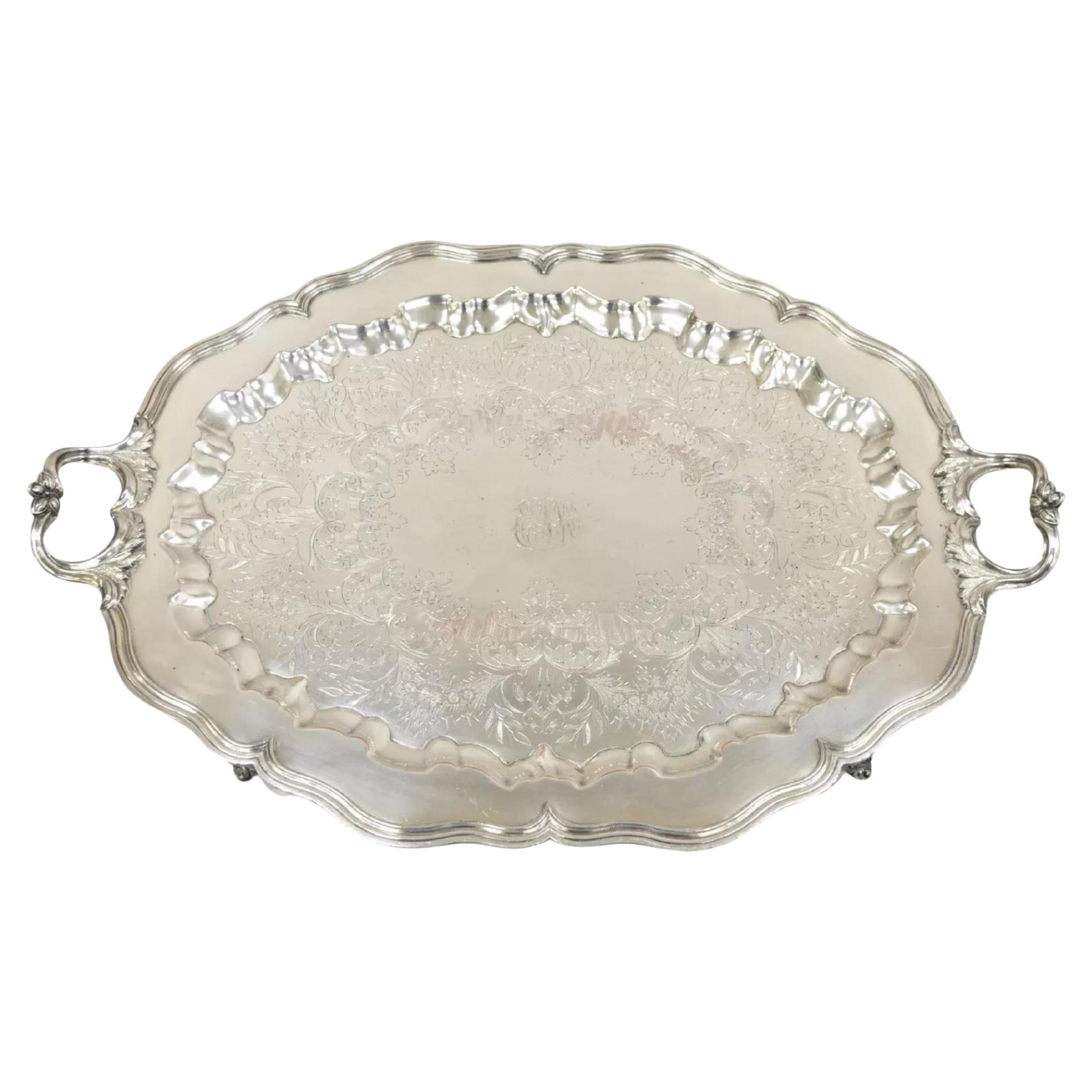 Victorian English Sheffield Silver Plated Oval Scalloped Serving Platter Tray For Sale