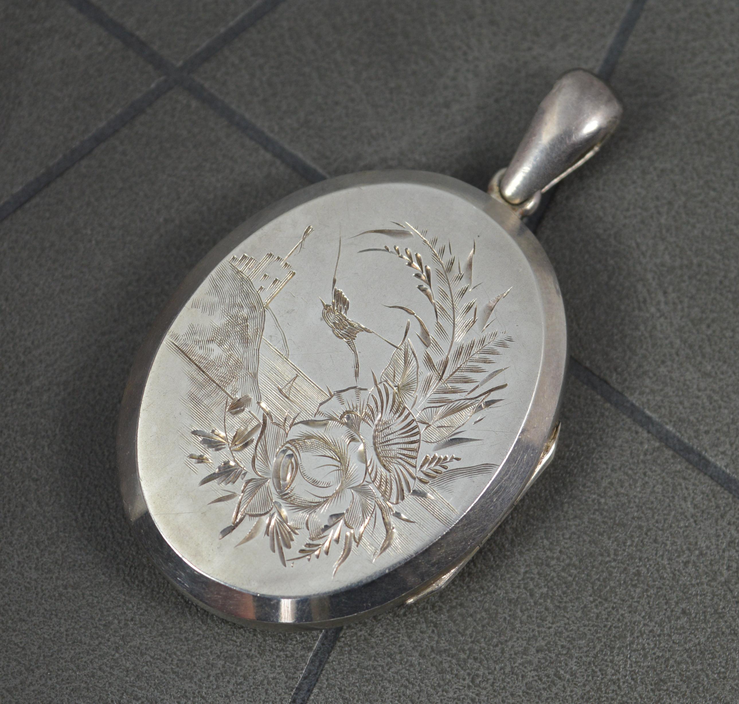 Women's Victorian English Silver Aesthetic Movement Engraved Locket Pendant