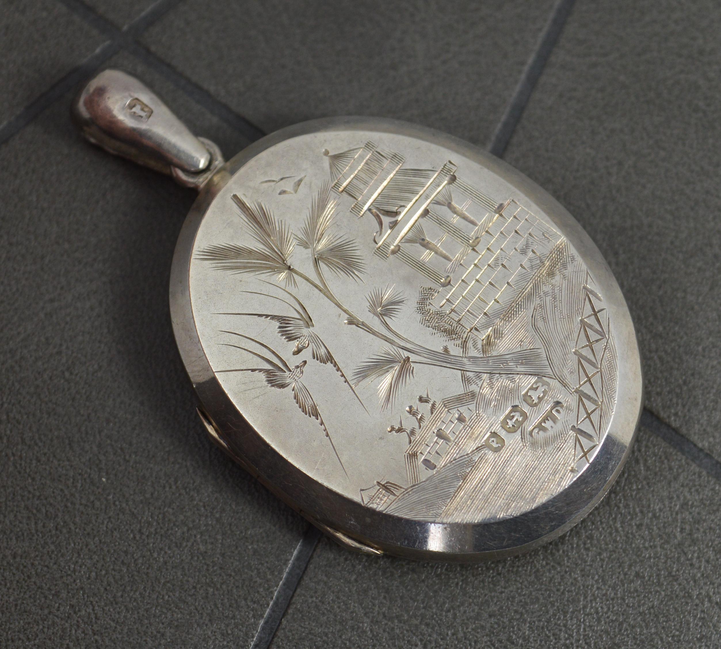 Victorian English Silver Aesthetic Movement Engraved Locket Pendant 1