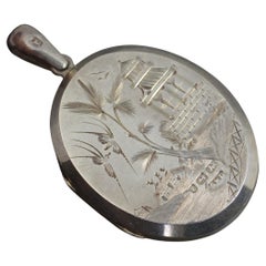 Victorian English Silver Aesthetic Movement Engraved Locket Pendant