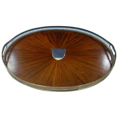 Victorian English Silver Gallery Tray with Wood Base and Pierced Border