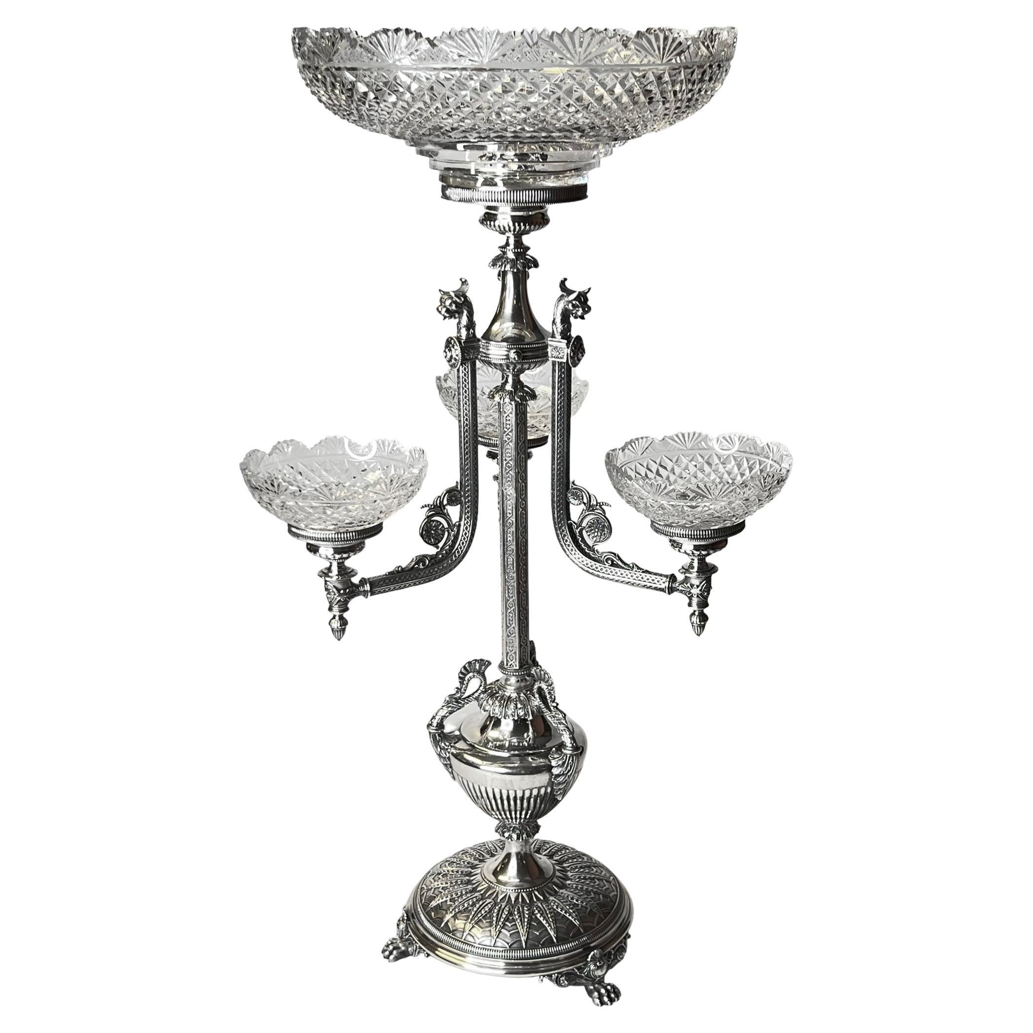 Victorian English Sterling Epergne Centerpiece by Manoah Rhodes & Sons c 1890 For Sale