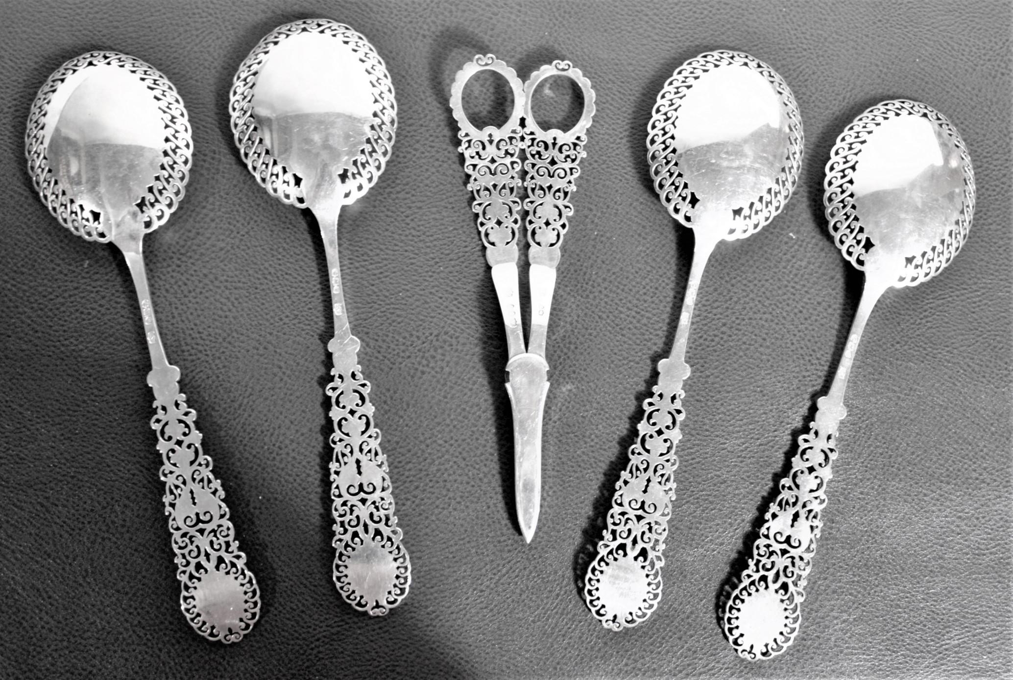 Hand-Crafted Victorian English Sterling Silver Berry Spoon and Grape Shear Set in Fitted Case For Sale
