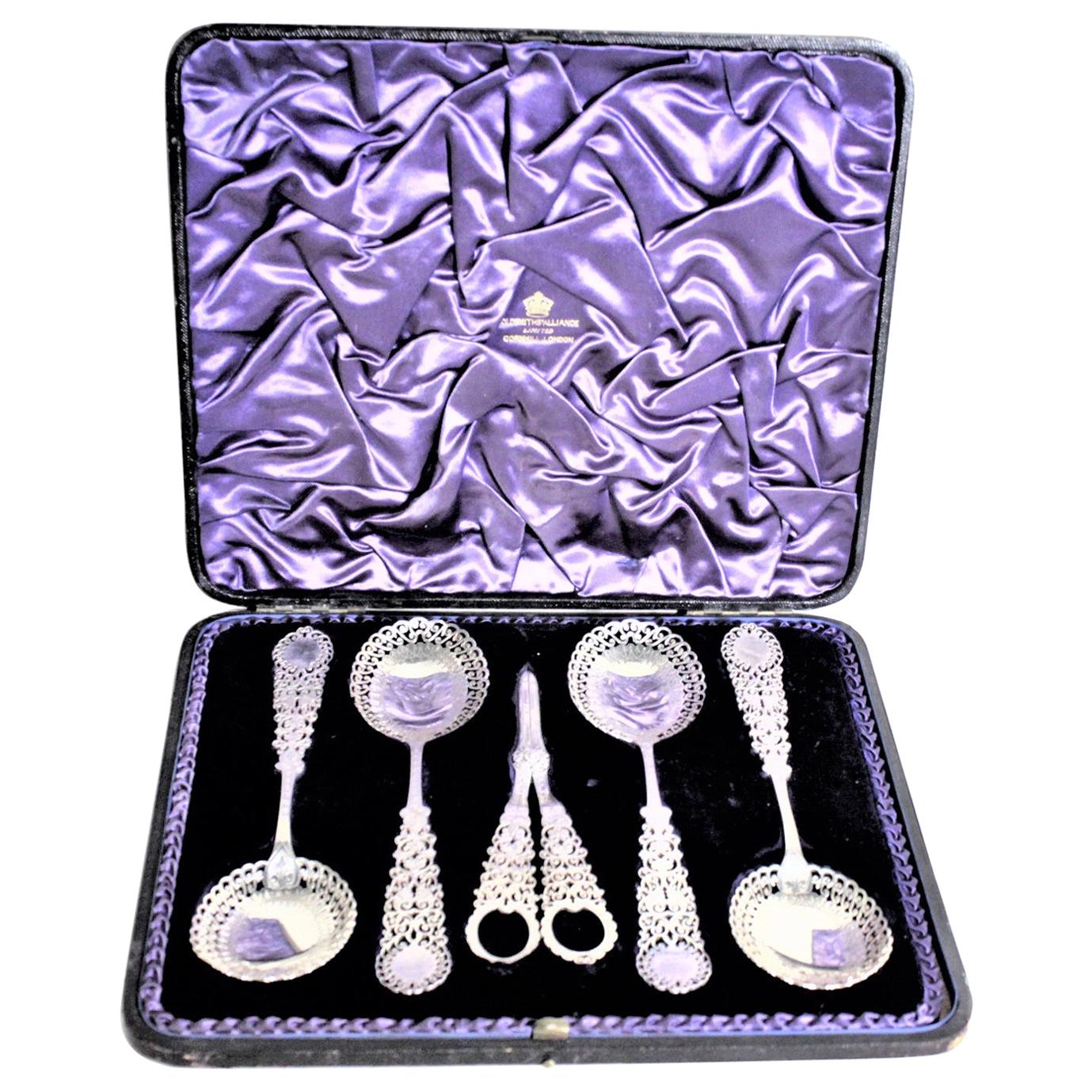 Victorian English Sterling Silver Berry Spoon and Grape Shear Set in Fitted Case For Sale