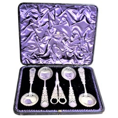 Victorian English Sterling Silver Berry Spoon and Grape Shear Set in Fitted Case