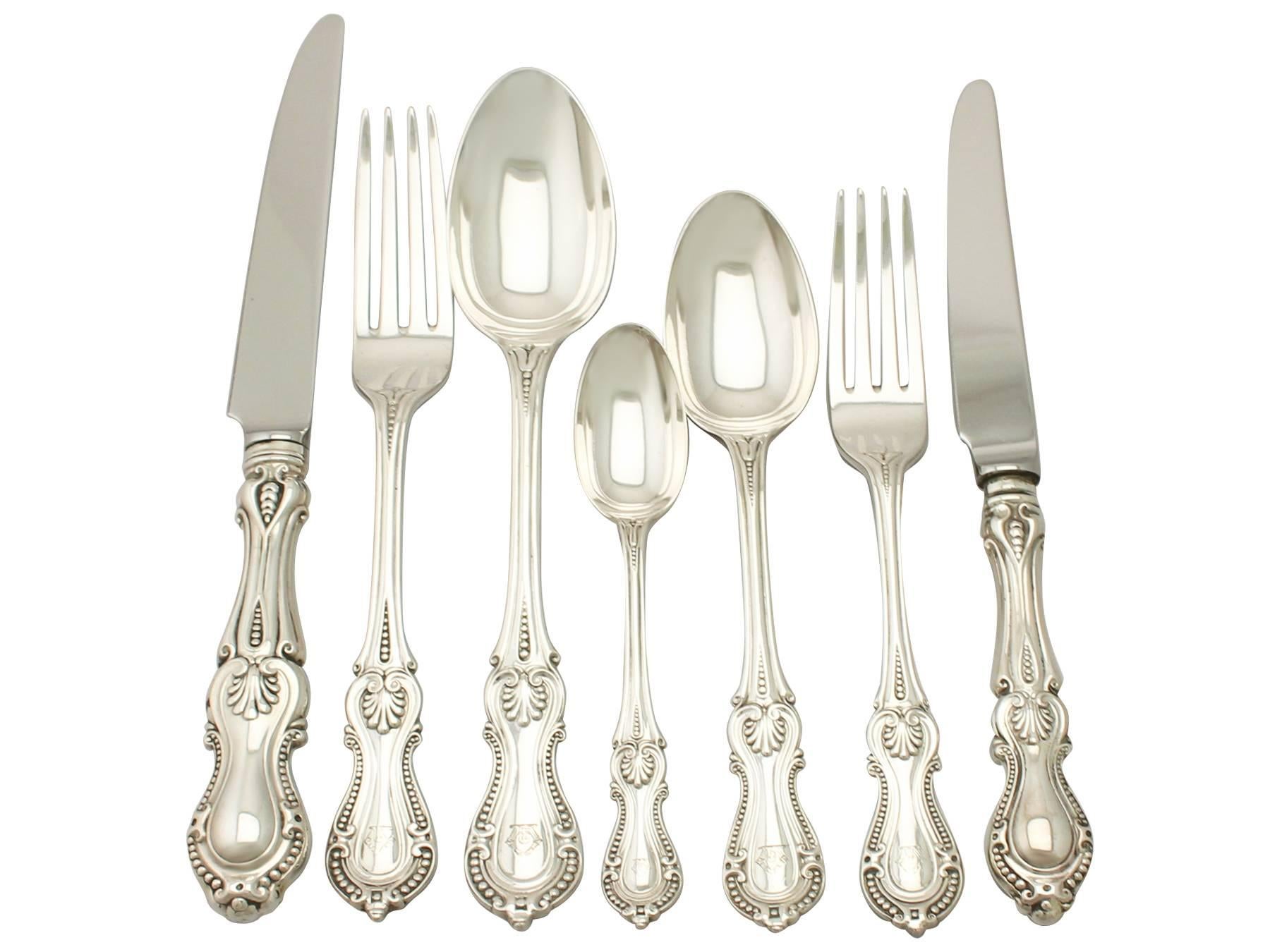 An exceptional, fine and impressive antique Victorian English sterling silver straight rich bead pattern flatware service for eight persons.

The pieces of this fine antique Victorian sterling silver flatware service for eight persons have been